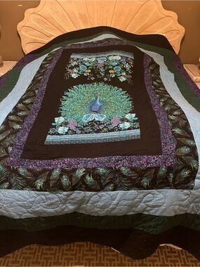 Peacock Print Quilted Throw in Teal & Black